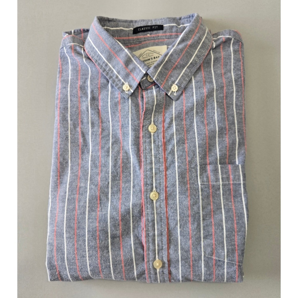 St Johns Bay Oxford Shirt‎ Mens Large Blue White Striped Long Sleeve Button